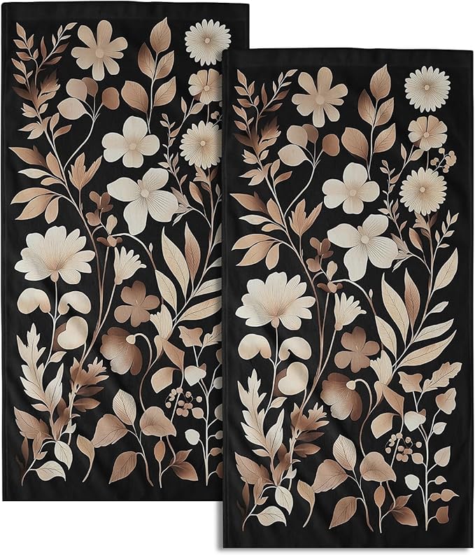 Giwawa Vintage Floral Hand Towels Set of 2 Black Botanical Decorative Absorbent Bath Towels Soft Kitchen Dish Towels for Holiday Guest Gym Hotel
