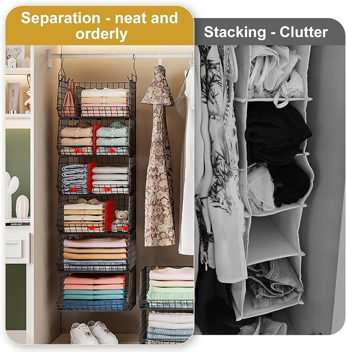 Jautokerdar 6 Tier Extra Large Hanging Storage Organizer,Hanging Closet Shelves with Dividers,Closet Organizer Wire Shelf with 5 S Hooks,Bedroom,Laundry Storag-Black