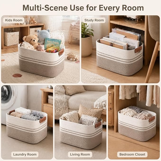 Cotton Rope Laundry Basket Medium, 15.4GAL Collapsible Woven Storage Baskets for Living Room Kids Toys Stuffed Animal,Boho Rectangular Decorative Short Hamper for Dirty Clothes, Blankets White Brown