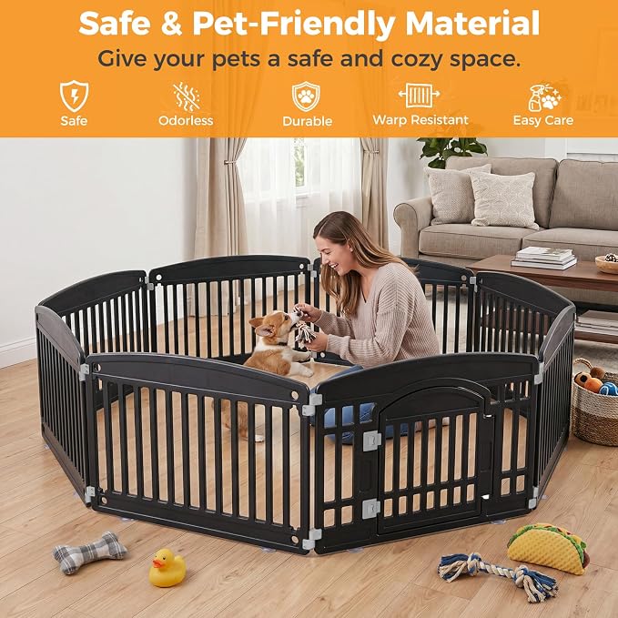 NEWBULIG 8 Panels 24 Inch Dog Playpen, Plastic Pet Play Pen Fence | Portable, Secure Locking Door, Indoor Outdoor Yard RV Camping, Small Medium Dogs, Black