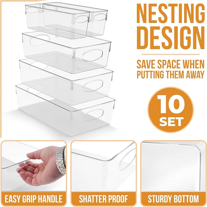 Sorbus Fridge Organizers and Storage, Clear Bins (10 Pack) | Handles support easy access and transport for pantry shelves, freezers, drawers and medicine-cabinet organization.