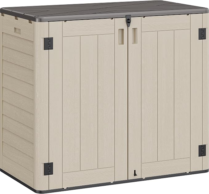 YITAHOME Outdoor Storage Shed w/o Shelf, 30 cu ft Horizontal Storage Shed Outdoor, Resin Waterproof Storage Cabinet for Garage, Poolside, Bikes, and Garden (Khaki + Black)