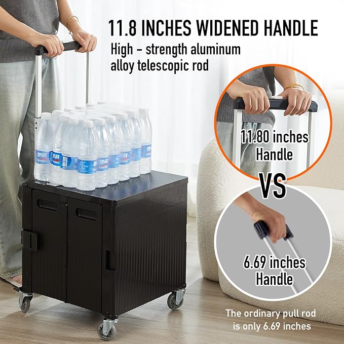 Folding Utility Cart Portable Rolling Crate Handcart Shopping Trolley Collapsible Tool Box, with Lid, on Rotate Wheels, for Grocery, Shopping, Office, Teacher, Camp,File (Black)