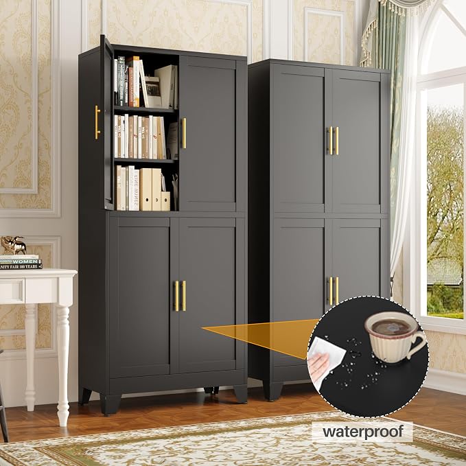 75" Tall Kitchen Pantry Cabinet, Black Metal Pantry Storage | Storage Cabinet with Doors and 3 Adjustable Shelves, Steel Storage, Bathroom cabinets Organizer, Cupboard for Home, Office