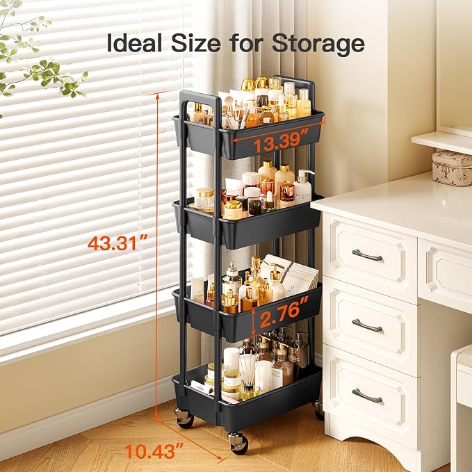 Pipishell 4-Tier Rolling Cart, Plastic Cart with Lockable Wheels & Reinforced Handle, Lightweight Utility Storage for Nursery, Bathroom, Craft Room, Black