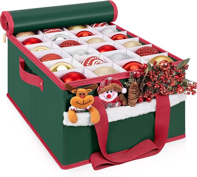 Christmas Ornament Storage Box with Adjustable Dividers Zippered Top Stores up to 72 Holiday Ornaments (3 Inch) Xmas Ball Decorations Organizer Storage Container Bin