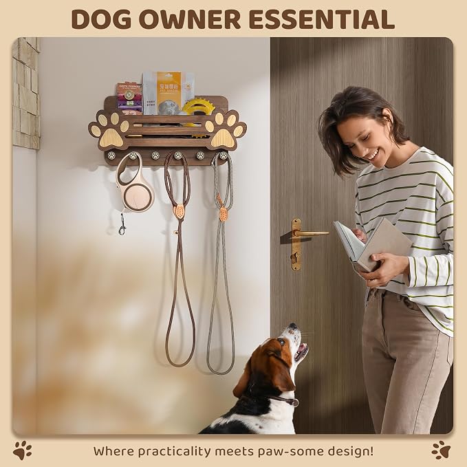 MTERSN Farmhouse Dog Leash Holder for Wall with Shelf for Pet Owner, Brown | 3D Paw-print Design, Mail Holder Wall Mount, 6 Hooks for Dog Leash, Keys & Wallets, Hold Mail, Letter & Frame, Rustic Decor