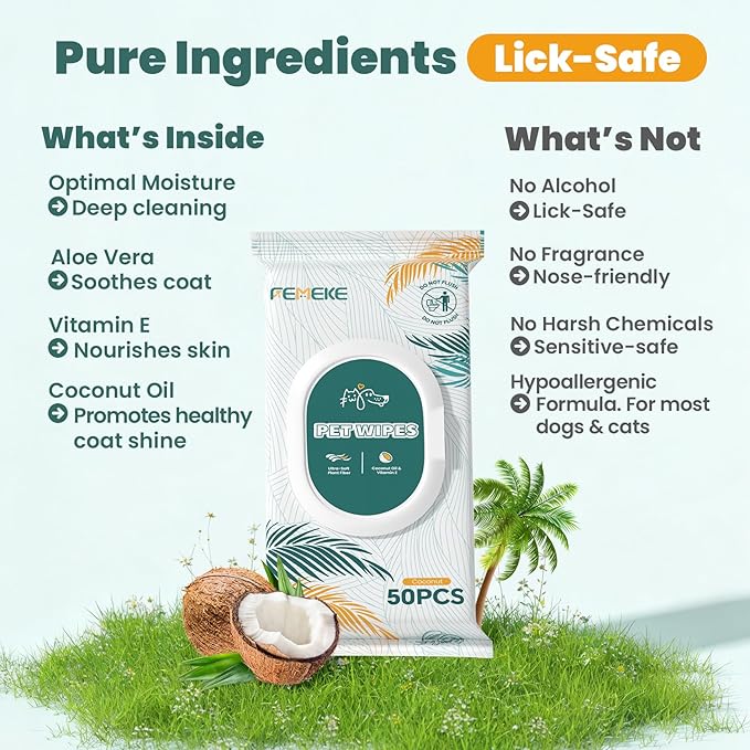 200 Count Dog Wipes & Cat Wipes (4x50 Packs) | Hypoallergenic, pH Balanced for Paws, Body, Face & Grooming |All-Natural Plant Fiber Wipes with Aloe, Coconut Oil & Vitamin E |Pearl Texture