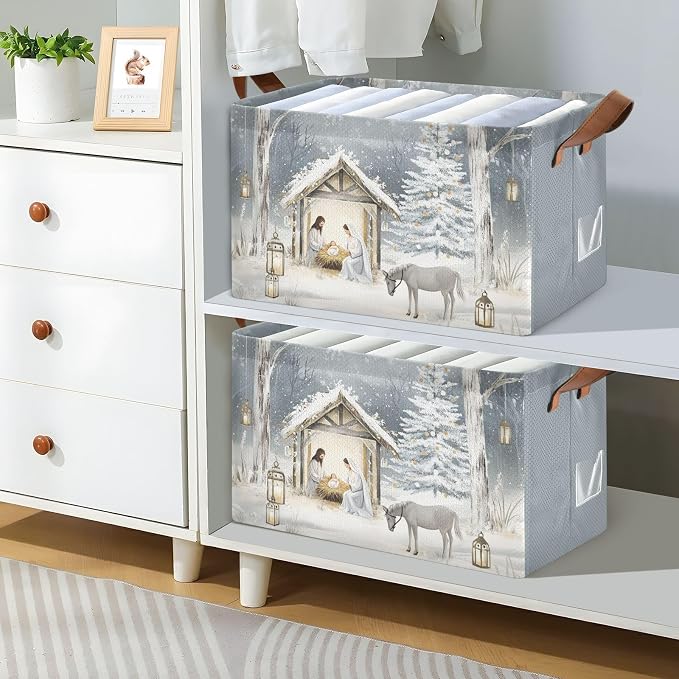 Holy Night Nativity Scene Christmas Storage Bins for Shelves with Labels&Handles Fabric Organizer Bin Foldable Rectangle Storage Basket Boxes for Closet, Bathroom, Home, Living Room