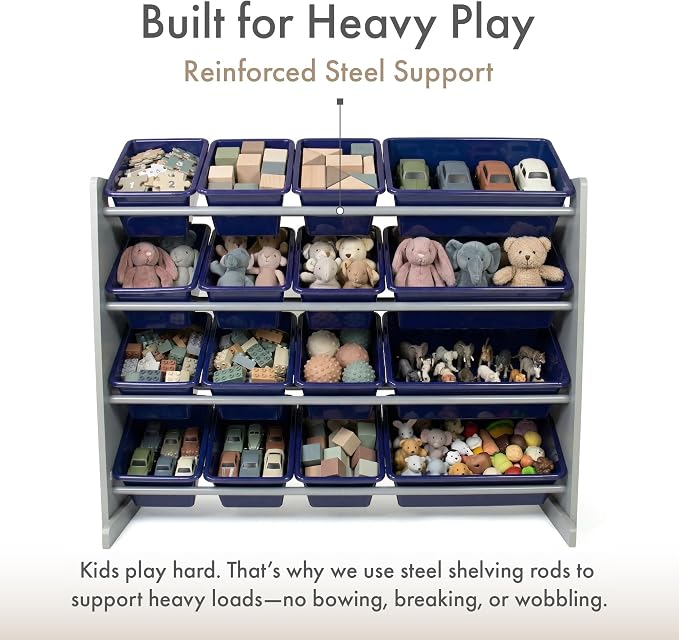 Humble Crew Kids Toy Organizer with 16 Bins, 4 Tier Storage for Playroom | Sturdy wood and steel toddler shelf, removable BPA-free containers, wall anchor anti-tip safety kit for bedroom or classroom