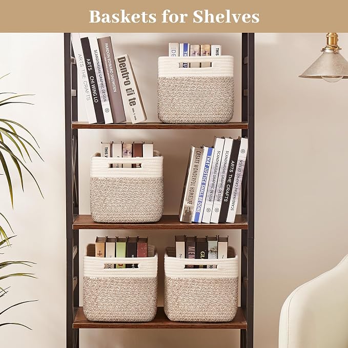 OIAHOMY 4 Pack Storage Basket, 13"x9"x7.8" Cotton Rope Baskets for Shelves, Closet Organizer for Bedroom & Living Room, Soft Decorative Bins for Organizing Towels, Books & Toys, Deep Brown & White