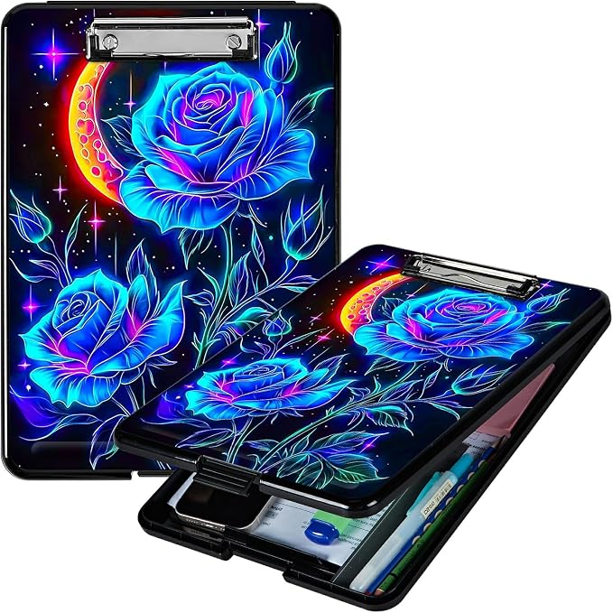 Blue Rose Moon A4 Clipboard with Storage Pen Holder, Clipboards Organizer Nursing Clipboard Foldable File Folder Plastic Clipboard Folio Clip Board for Office Students Classroom Doctor