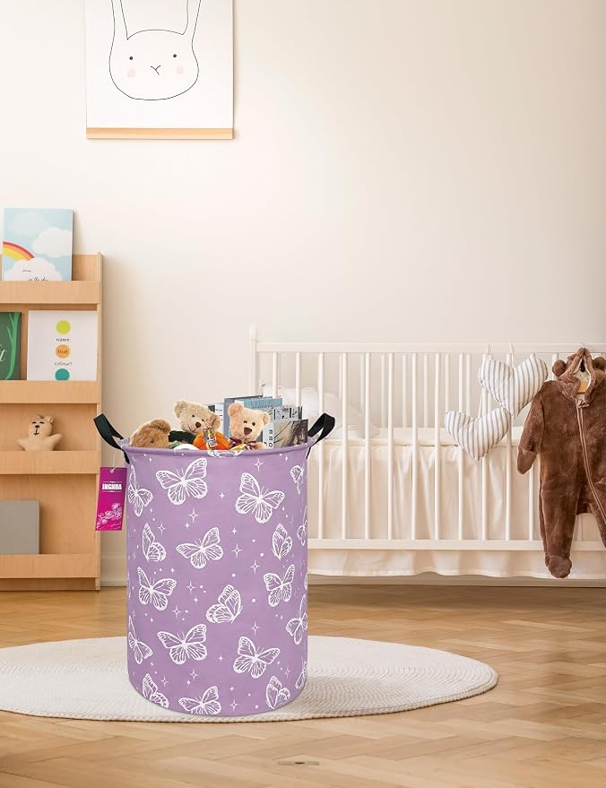 Laundry Hamper Large Canvas Fabric Storage Basket Butterfly | Organizer Bin Dirty Clothes Collapsible Waterproof for College Dorms, Boys and Girls Bedroom,Bathroom