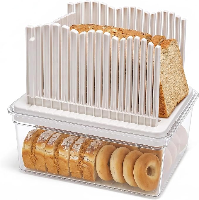 VECELO 2‑in‑1 Bread Slicer & Airtight Bread Storage Box with Handle, Plastic Bread Container with Lid for Keeping Fresh, Ideal for Bread, Cake, Buns,White
