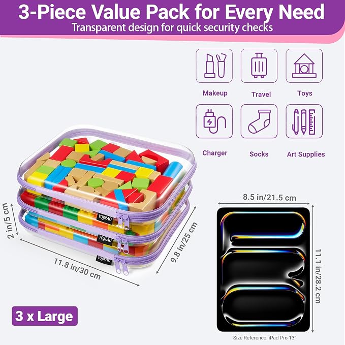 YQBRAO Clear Hard Shell Zipper Cases, 3 Large Travel Organizers, Purple | Rigid 1.2 mm PET and YKK dual zippers for full-size toiletries, makeup palettes, electronics and craft supplies