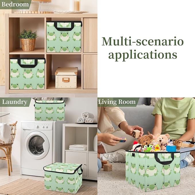 Cute Frog Storage Bins with Lids, Cartoon Animal Foldable Storage Boxes with Carrying Handle Organizer Containers Baskets Cube for Home Bedroom Closet