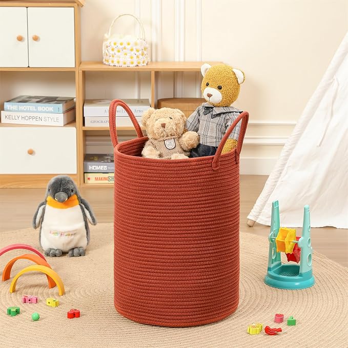 80L Large Woven Laundry Basket Hamper, 100% Natural Cotton Rope, Handwoven & Durable, Storage for Blankets, Toys, Clothes, Decorative Nursery Hamper for Living Room, Baby Room, Bedroom (Terracotta)