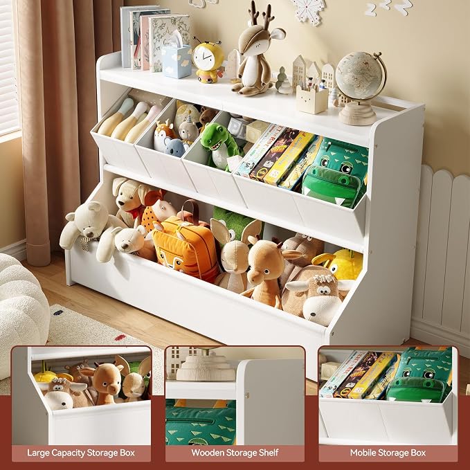 FOUCSSOMEI Extra Large Toy Storage Organizer for Kids, Wooden Toy Organizer and Storage with Bookshelf, 3 Removable Bins and Large Storage Bin, Toy Shelf for Playroom, White, Patent Design