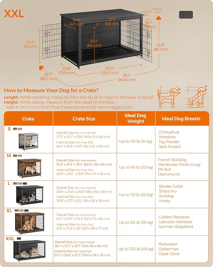 Feandrea 56.1" Dog Crate Furniture, Indoor Dog Cage Side End Table, XXL Pet Wood Kennel for Large and Medium Dogs up to 105 lb with Multi-Purpose Removable Tray, Double-Door Pet House, Ink Black