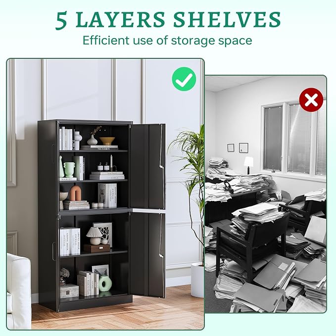 Metal Storage Cabinet with Lock Door, Adjustable Shelf Steel Cabinets for Office, Home,Pantry,Kitchen,Garage Utility Cabinet (4 Door-Black)
