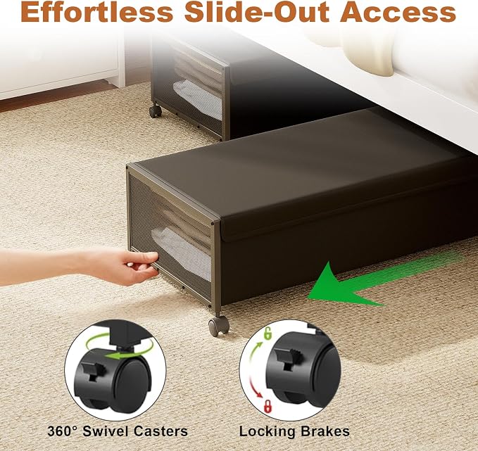 Fokyfok 2Pack Under Bed Storage Containers, 10 inch Height,31 inch Long | Under Bed Shoe Storage,Underbed Storage with Wheels,Large Rolling under bed Clothes Storage Drawers,Lid,Dorm Tall,Black