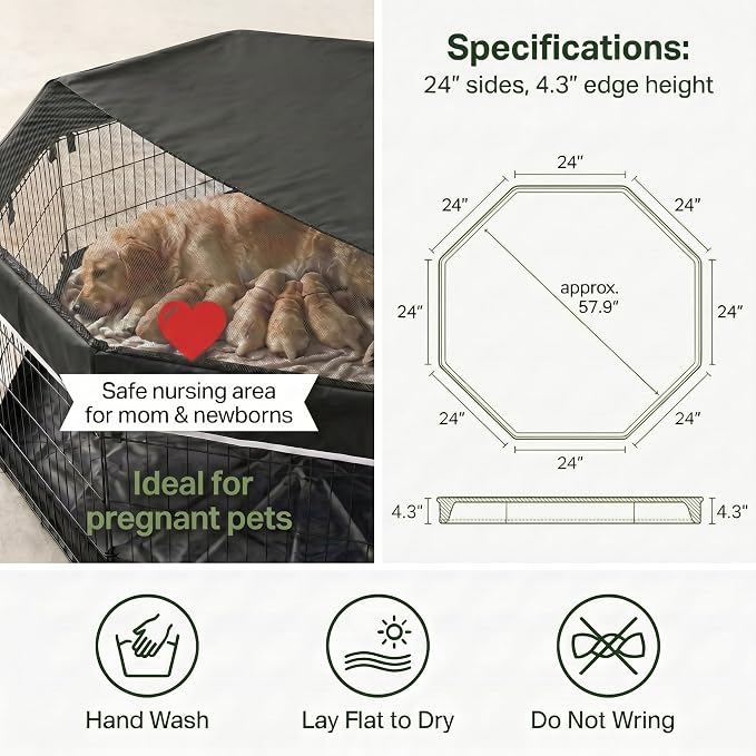 PJYuCien Octagonal Playpen Top Cover for 24" Side Metal Pet Pen, Black | Cozy Den for Puppy Small Animals, Half Mesh Half Oxford with Silver Coating, Predator & Weather Protection, Snap Hooks