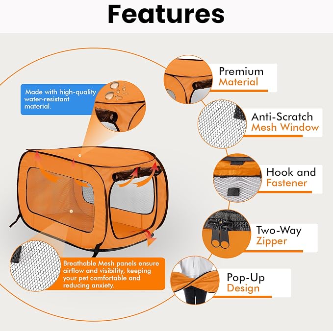 Portable Collapsible Pop Up Kennel, 40" L x 27" W x 27" H, Orange | Collapsible indoor/outdoor travel cat and dog crate with mesh screen windows pops up and folds flat for easy storage