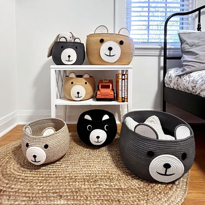 CherryNow Baby Basket for Gifts Empty, Cute Bear Design, Brown | 10.5" x 8.5" Baby Shower Basket for Kids Boys Newborn Storage, Toy Basket for Living Room Nursery Décor, Soft Cotton Rope