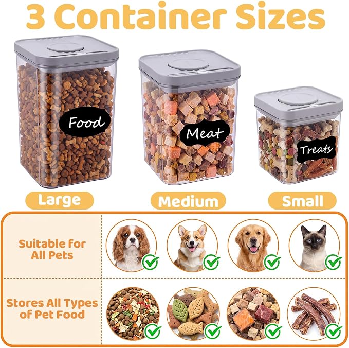 4 Pcs Plastic Dog Treat Container Airtight Lids Dog Food Storage | Sticker Marker and Sort, Reusable Cat Food Cookie Jar, Pet Treat Organizer Set, Outdoor Travel Training & Home Use, 3 Sizes