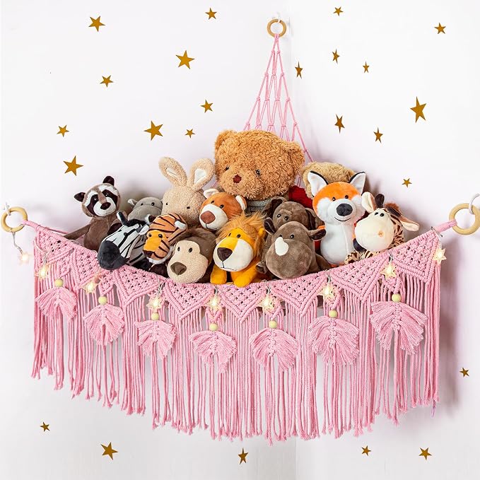 Macrame Stuffed Animal Storage with Star Light, Corner Hammock for Nursery | Corner Hanging Stuffed Animal Net Organizer for Girls' Room, Plushies Toy Wall Hanging Display Holder, Kid Gift