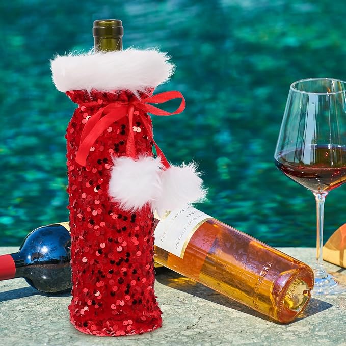 Didiseaon Red Wine Bottle Cover Lovely Pattern with Drawstring Soft Pet Material Wine Bottle Bag Christmas Plush for Holiday Decoration in Coffee Shops and Restaurants