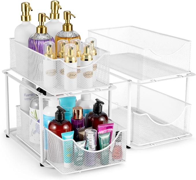 Sorbus Pull-Out Under Sink Organizer, Mesh Construction (White, 2 Pack) | Two-tier metal organization with strong steel and sliding drawers for bathrooms, kitchens, cabinets, closets and pantries.