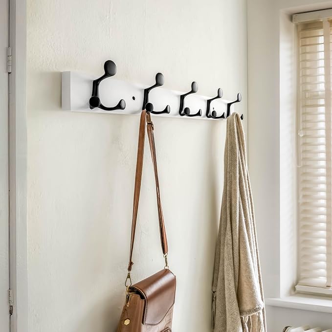 SKOLOO 30-Inch White Wood Coat Rack Wall Mount with 5 Triple Hooks - Ideal for Family Entrances, Classrooms, and Pet Supplies Storage - Perfect Coat Hooks for Wall, Pack of 2