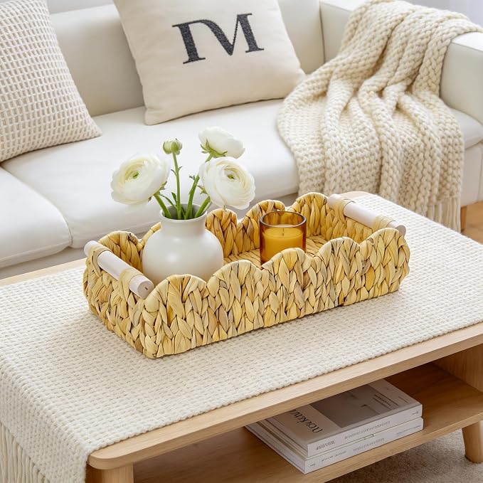 Decorative Toilet Paper Storage Basket, Modern Farmhouse Home Decor Scalloped Basket for Organizing, Pantry Baskets for Shelves, Countertop, Living Room, Wood Handles, Natural Water Hyacinth (1Pack