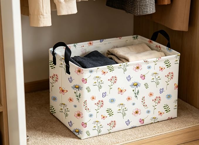 Rectangle Baskets Flower Basket Cute Storage Bin Organizer Box for Room Decor Gift Basket(Watercolor flower)