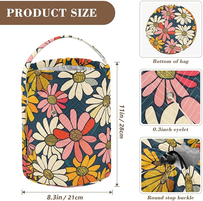 Fustylead Vibrant Vintage Groovy Daisy Flowers Yarn Crochet Tote Basket, Large Knitting Drawstring Organizer Yarn Storage Bag for Crocheting Project, Sewing Supplies, Yarn Balls, Needles