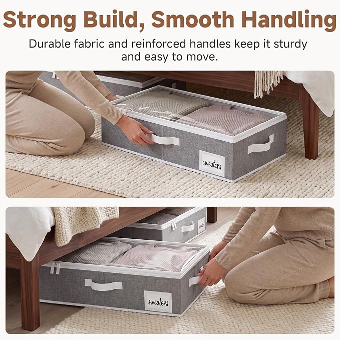 StorageWorks 5 Inch Low Profile Under Bed Storage Containers with Clear Lid | Reinforced Structure, Resists Sagging, Handles & Label Holder, Foldable Stackable Closet Storage for Clothes, Blankets, Toys