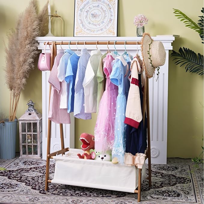 Bamboo Kids Clothing Rack with Storage Box - Foldable,Kids Dress Up Rack with Hooks & Rod, Organize Dress Up Storage & School Uniforms, Perfect for 4-13 Year Olds (Brown)