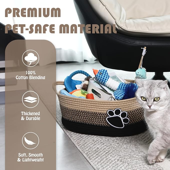 Sea Team Pet Toy Basket with Handles for Cats and Dogs, Flaxen Paw | Large Cotton Rope Storage Bin, Shelf Basket, Organizer for Pet Chew Toys, Foods, 16.5 x 11 x 7 Inches, 4.4 Gallons