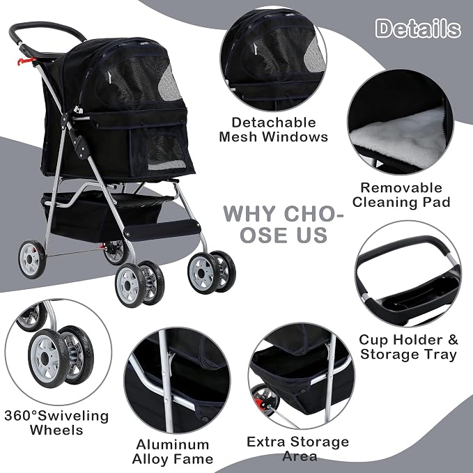 Pet Stroller,4 Wheels Dog Stroller with Storage Basket,Compact Portable Folding Carrier for Travel,Camping,Dog Carrier for Small Medium Dogs Or Cats,Lightweight Waterproof Pet Stroller,Black