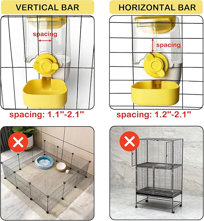 35oz Rabbit Water Bottle, Pet Hanging Automatic Water Dispenser for Small Animal Ferret Guinea Pig Chinchilla Dog Cat (Cage Grid Spacing 1.2''-2.1'') (Yellow)