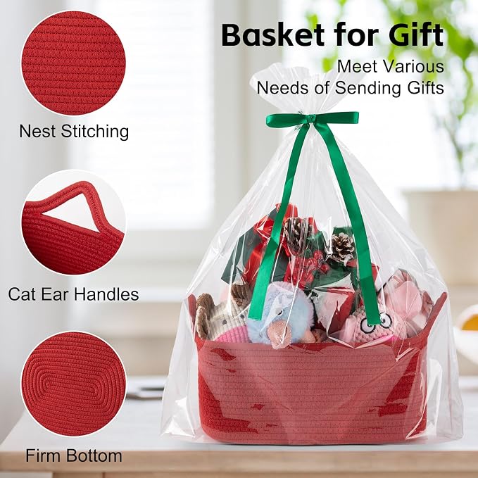 OIAHOMY Woven Basket, Gift Basket Empty with Gift Bags and Ribbons, Rope Baskets for Baby Showers, Storage Baskets with Handles for Nursery, Pet Toy Organizer - Red