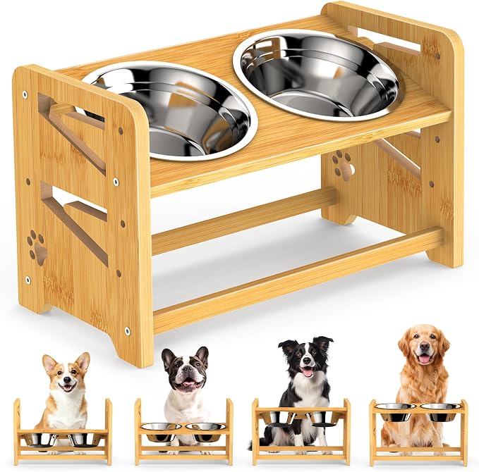 Elevated Dog Bowls, Adjustable Raised Dog Bowl Stand for Medium and Small Dog, 11" High Bamboo Pet Food Feeder with 2 Stainless Steel Dishes（4 Heights）