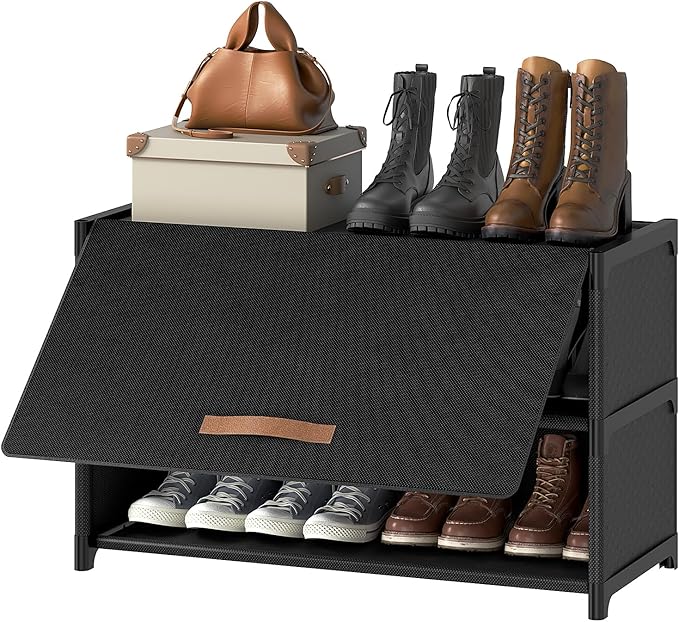 3 Tier Shoe Cabinet with Door, 12-Pair Storage, Black | Compact for Small Closets, Holds Heels, Sneakers, Boots, Door for Dust Pet Protection, Quick Easy Set Up