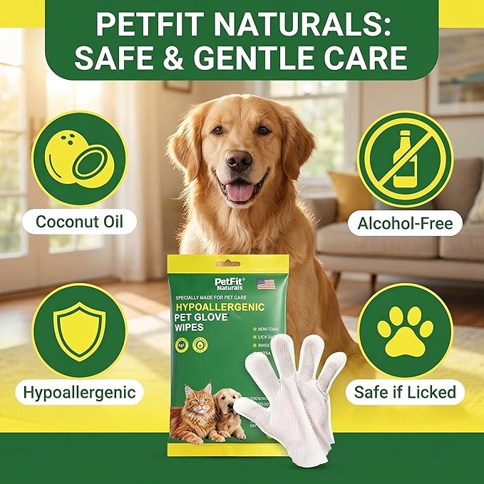5-Finger Grooming Glove Wipes for Dogs & Cats, Extra Thick Waterless Bath & Deodorizing, Hypoallergenic Rinse-Free Cleaning for Senior, Post-Surgery & Travel - 6 Count (6pcs)