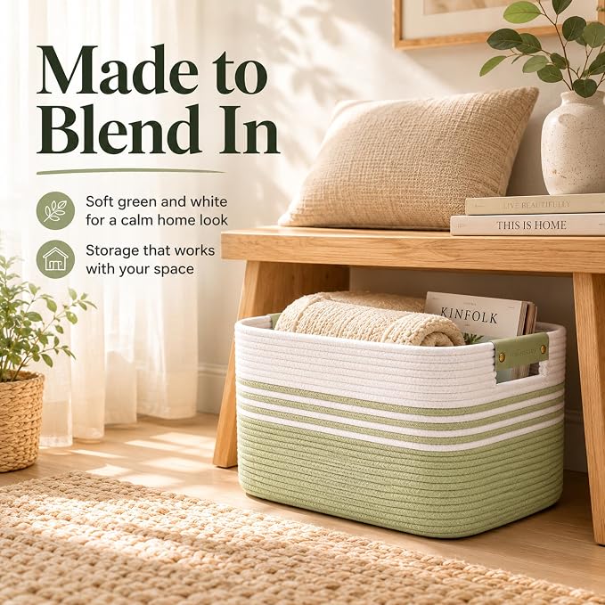 22.8GAL Xl Extra Large Laundry Basket for Bathroom, Dorm Dirty Clothes, Sturdy Portable Aesthetic Boho Cute Woven Storage Shoes Blanket Baskets for Living Room Decor Girls Boys Pets Toys White Green