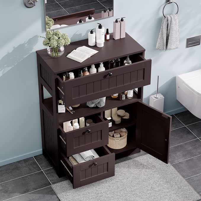 GRUSIGN Bathroom Cabinet, Modern Bathroom Floor Storage Cabinet Organizer with 1 Door and 3 Drawers, Freestanding Cupboard for Kitchen/Living Room Use