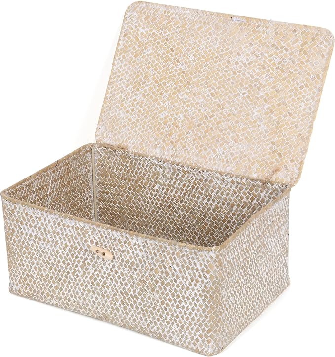 FEIALNDUO Wicker Shelf Baskets with Lid,Seagrass Storage Basket Bins Rectangular Handwoven Basket Boxes for Shelves Desktop Home Organizer (Whitewash, Large)