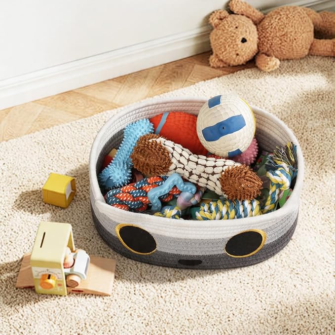 Cat Toy Basket, Small Woven Cat Toy Storage Box with Cute Ear Handle Indoor, Cotton Rope Storage Bin with Embroidered Face for Home Decor, Pet Bed, Nursery Kids Room Organization, 3-tone Gray