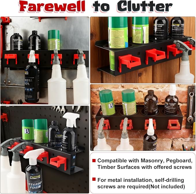 Spray Bottle Holder, 2 Pack Wall Mount Car Detailing Can Holder Spray Rack | Heavy-Duty Carbon Steel Auto Detail Spray Bottle Organizer, Spray Can Holder with Hooks for Garage Workshop Van Shed Storage